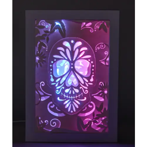 Dia De Muertos Front View Skull With Flowers Paper Cut Light