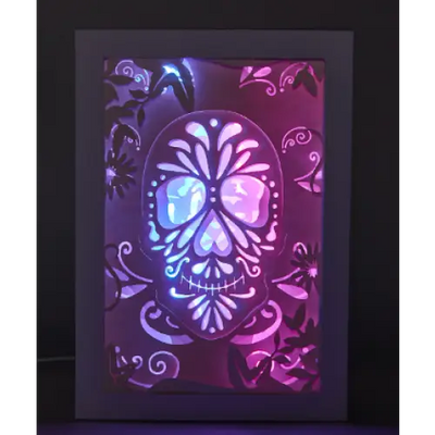 Dia De Muertos Front View Skull With Flowers Paper Cut Light